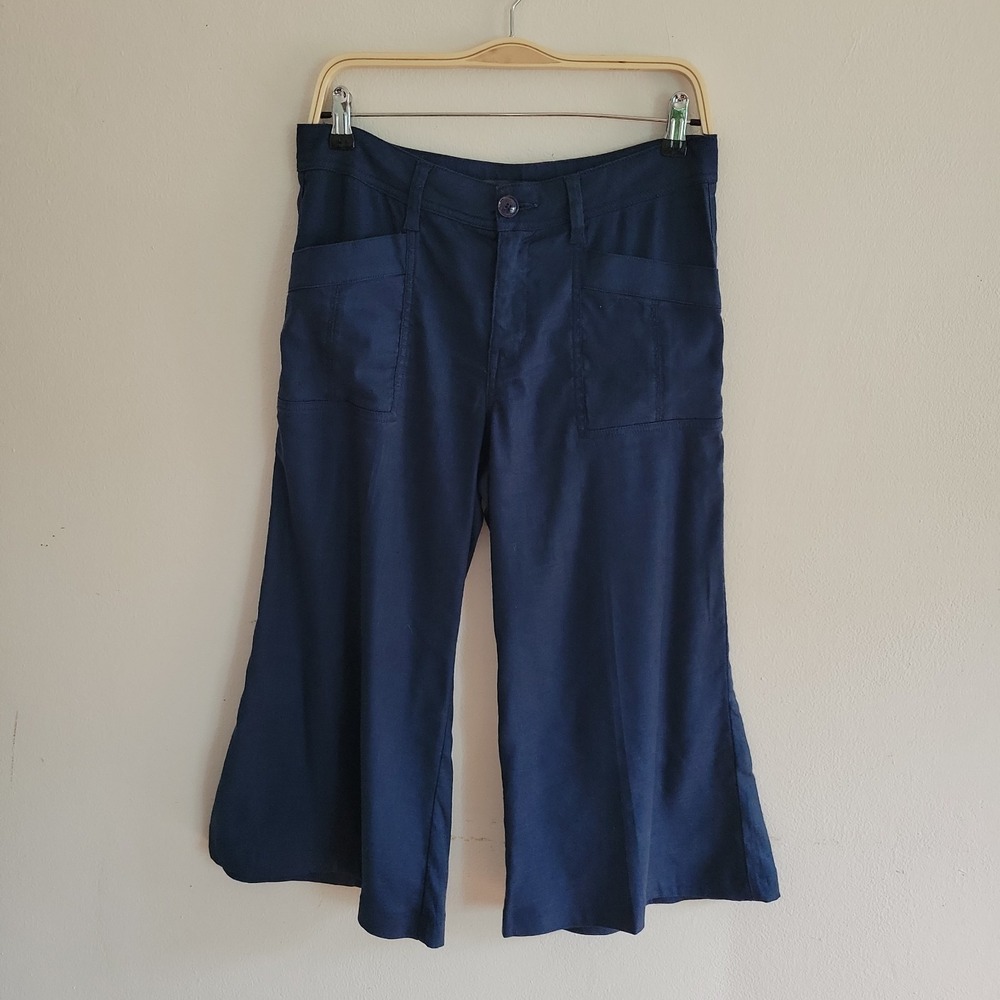 Level 99 Anabelle Stretch Linen Tencel Wide Leg Crop Pants 28 Navy‎ Blue Gaucho
